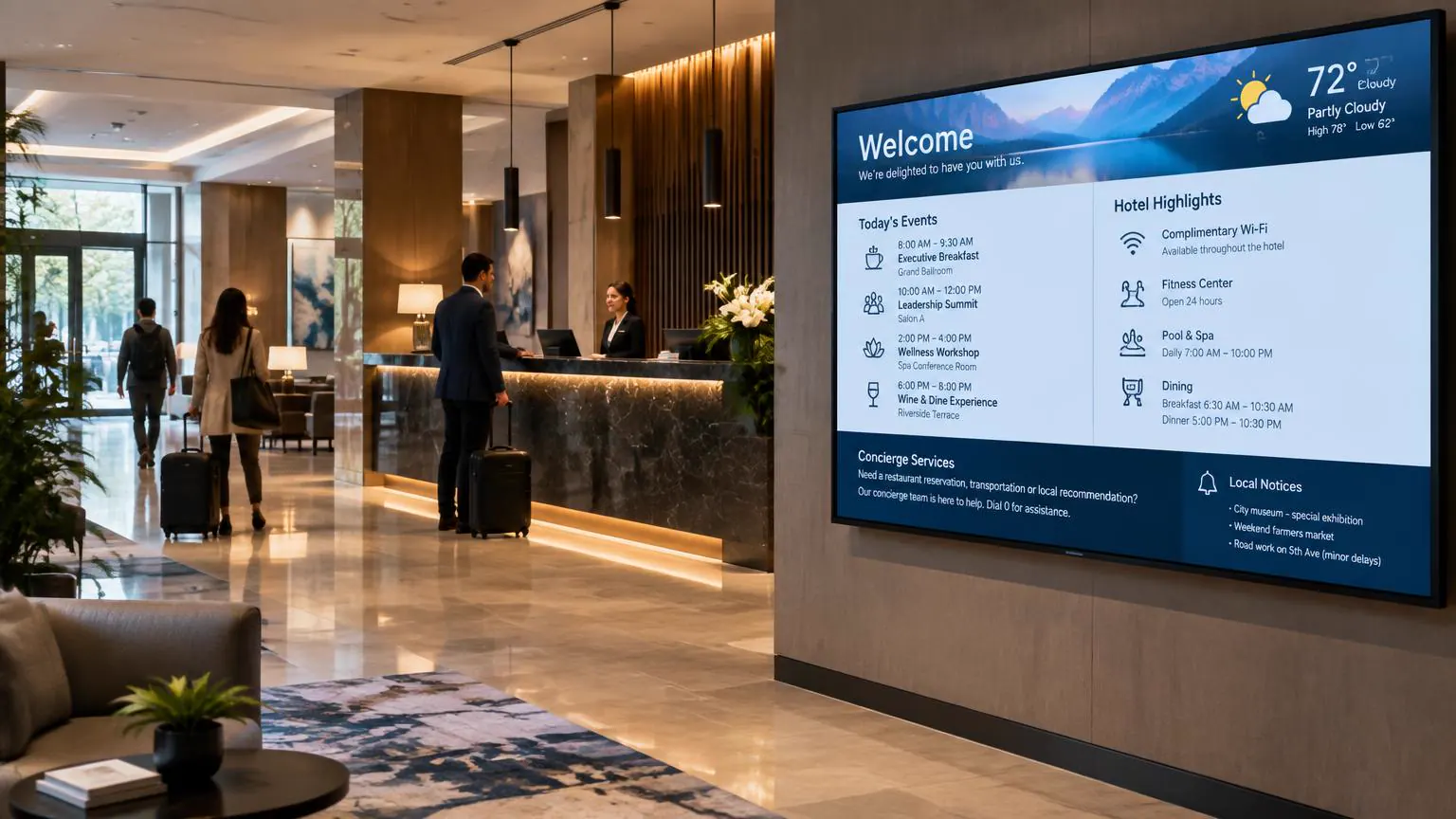 Hotel lobby digital signage showing welcome information, events, weather, dining, and concierge notices