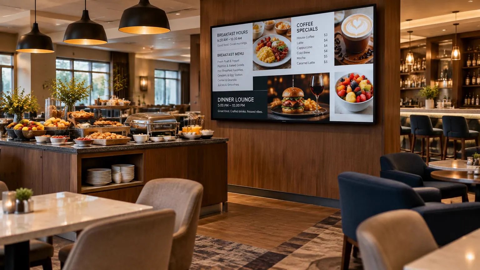 Hotel restaurant digital menu board showing breakfast hours, coffee specials and lounge promotions