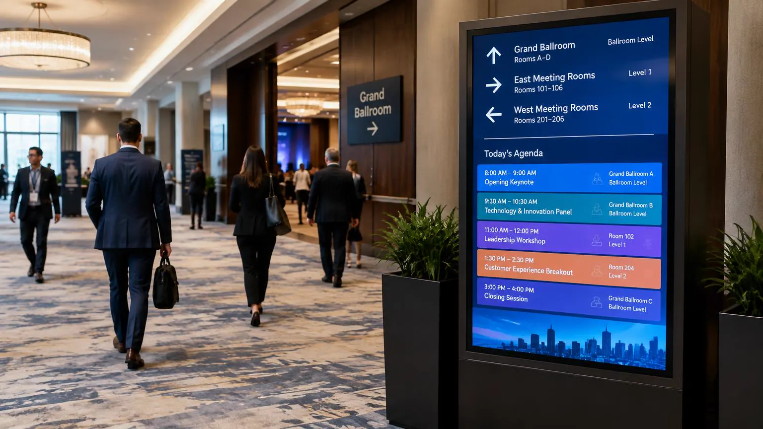 Hotel conference floor digital wayfinding board showing meeting room directions and event agenda