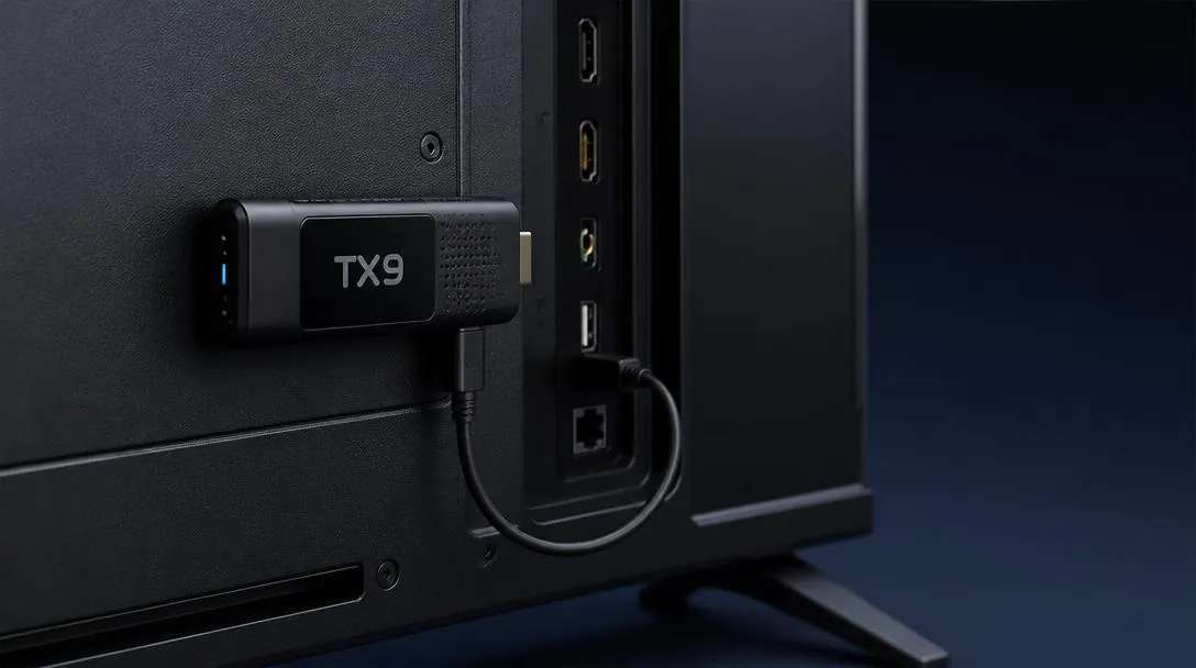 TX9 digital signage player plugged into a TV HDMI port with a USB power cable connected to the TV's USB port
