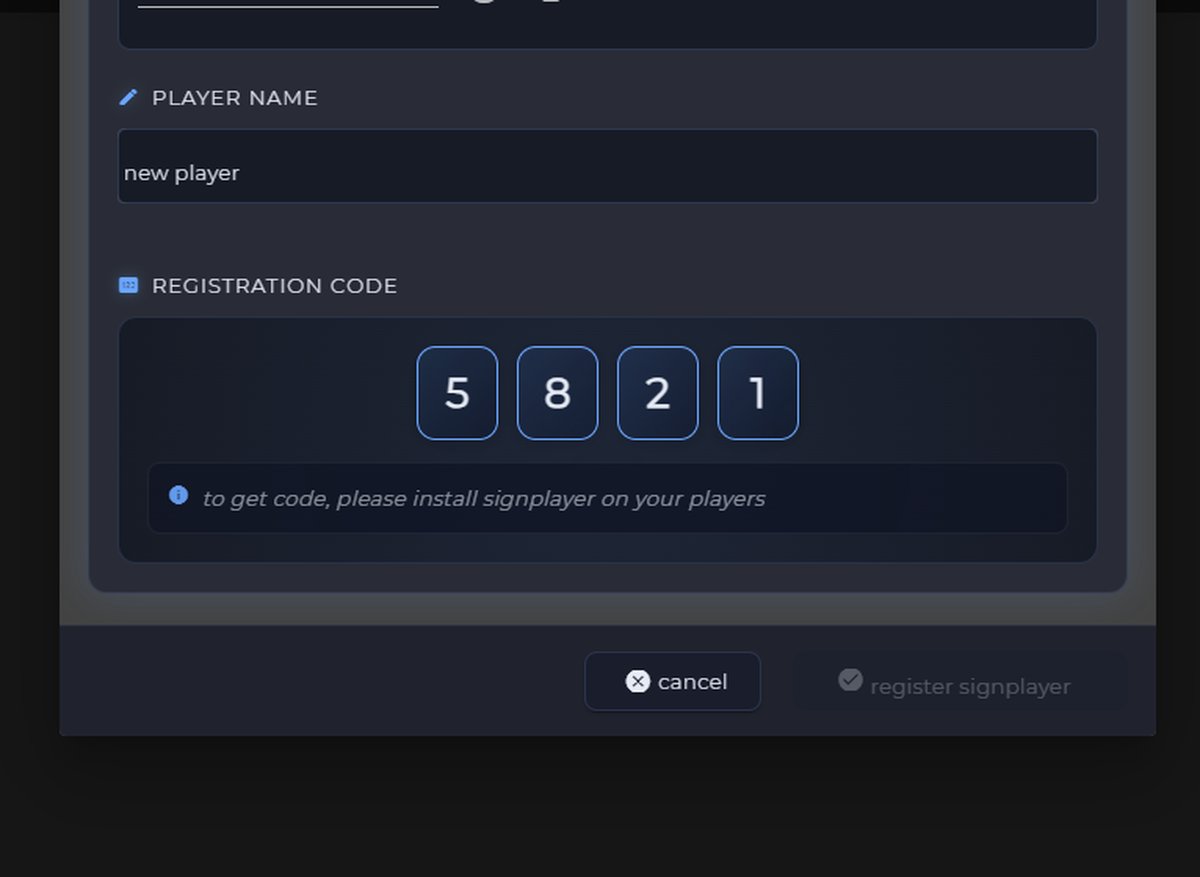 E Display Sign Studio register signplayer screen showing a player name and registration code