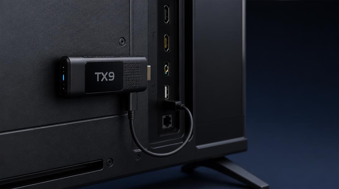 TX9 digital signage player plugged into a TV HDMI port with a USB power cable connected to the TV's USB port